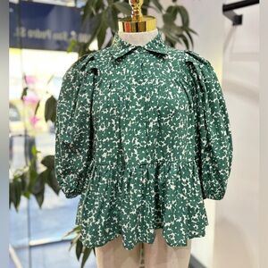 Emerald Petal Blouse – Puff Sleeve Button-Down Top